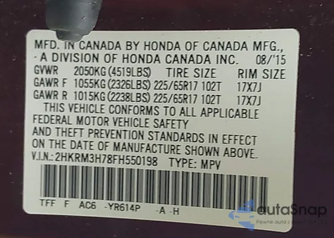 2015 Honda Cr-V Ex-L z USA, uszkodzony, nr VIN 2HKRM3H78FH550198